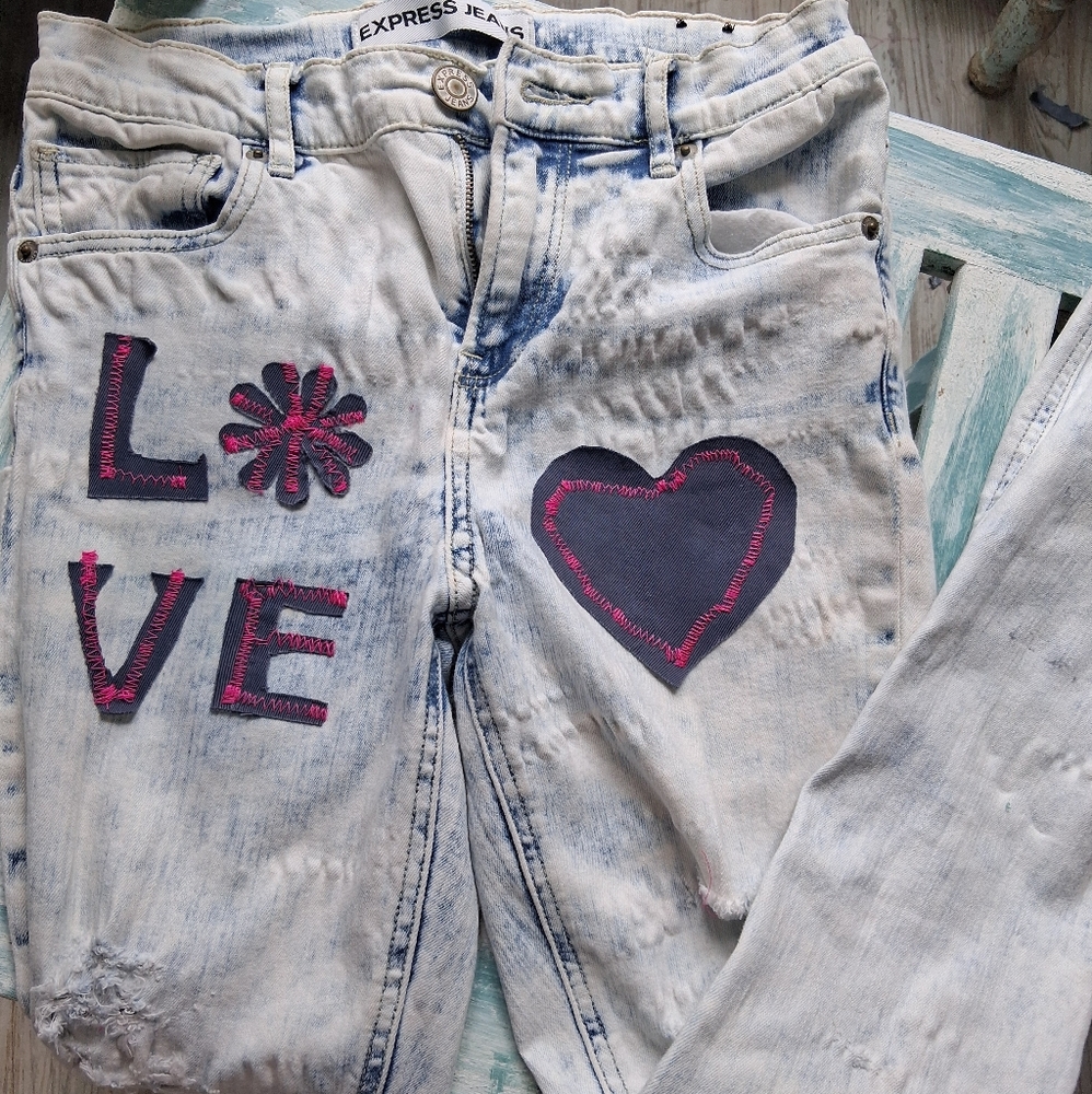 Handmade Altered Sz 0 Distressed EMBLESHED Art Redone Upcycled Denim
